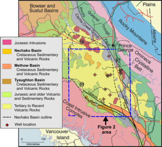 Regional geology, showing major Cretaceous units of the Nechako, Methow and Tyaughton basins (modified from a BC Ministry of Energy, Mines and Petroleum Resources, 2002; used with permission). Figure published in Summary of Activities 2007, Geoscience BC Report 2008-1.