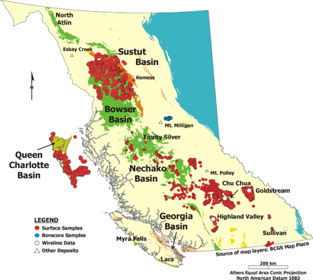 Spatial distribution of data from British Columbia entered in Rock Property Database System. Figure from Summary of Activities 2008, Geoscience BC Report 2009-1.